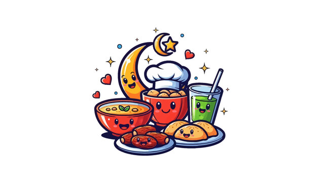 A delightful cartoon collection of happy Ramadan food and drink items with a chef's hat.