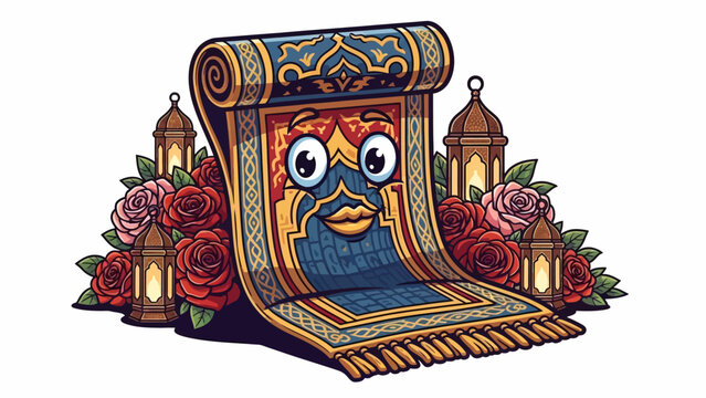 A whimsical prayer rug character surrounded by traditional lanterns and red and pink roses.