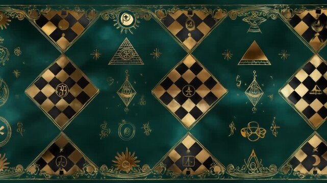A mesmerizing geometric pattern with teal background, adorned with gold accents and mysterious symbols