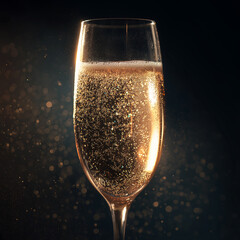 A glass of champagne with bubbles sparkling in the light on a dark background
