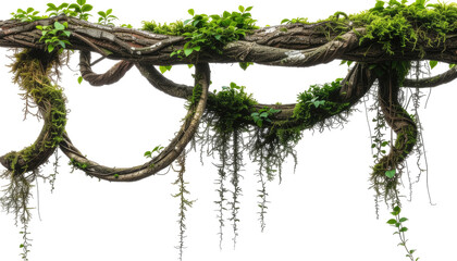 Tangled vines covered in moss hang against black