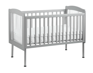 Grey crib with white bedding, wooden slats, clean look