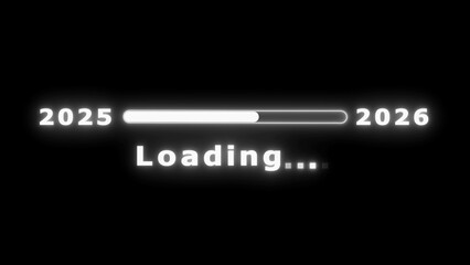 A white neon loading bar visually the transition from the year 2025 to 2026, with the word Loading..." displayed in glowing white text on a stark black background, symbolizing the imminent arrival