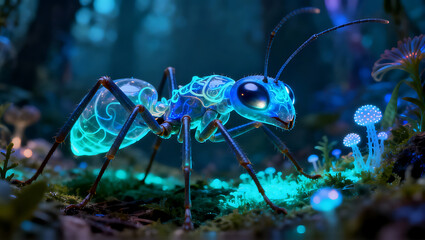 Glowing Crystal Ant in a Mystical Bioluminescent World