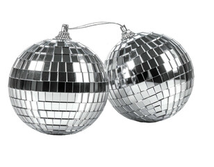 Two mirrored disco balls linked by a string