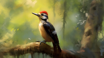 Naklejka premium Woodpecker Perched On A Branch With Red Crest Against Blurred Greenery In Watercolor Style