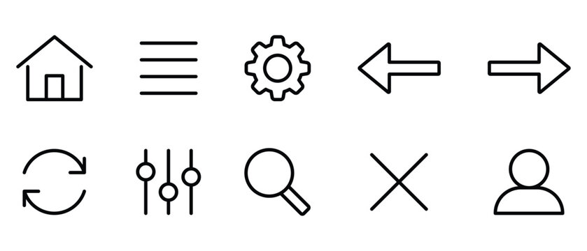 home settings arrow refresh search user outline icons set for ui web interface