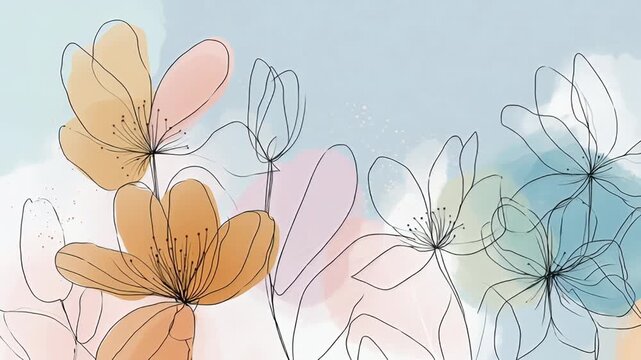 A watercolor painting of flowers with a blue sky background. Simple pastel floral artwork, hand-drawn lines with soft color fills, modern editorial style, pastel hand drawn flower style