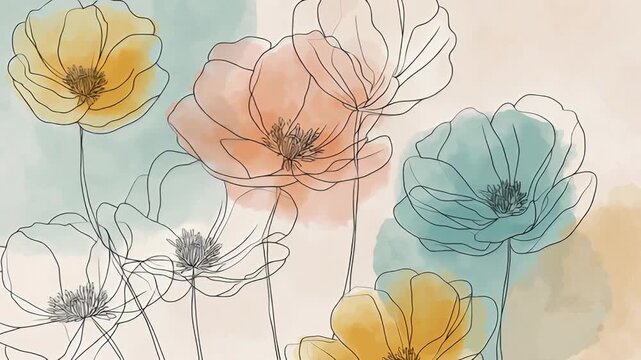 A watercolor painting of flowers with a blue background. Simple pastel floral artwork, hand-drawn lines with soft color fills, modern editorial style, pastel hand drawn flower style