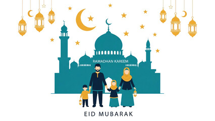 A happy Muslim family celebrates together during a significant Islamic holiday, observing traditions with joy and unity under the festive sky, symbolizing peace and togetherness