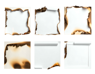 White paper frames with scorched edges, some rolled