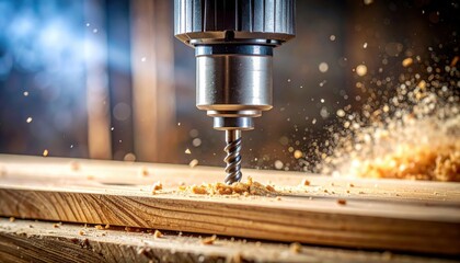 Drill bit boring into wooden plank with sawdust and sparks flying