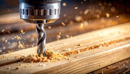 Drill bit drilling into wooden plank with sawdust flying