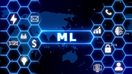 Fototapeta premium Digital network interface featuring the abbreviation ML in a glowing blue central panel, set against a hexagonal grid and technology on a dark map background Keywords: ML, Machine Learning