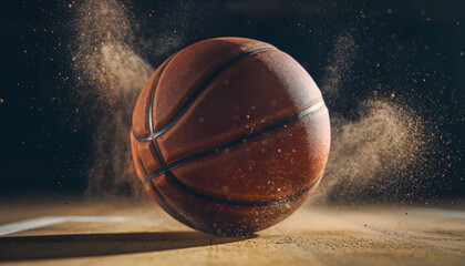 A basketball sits on a dusty court with powder flying around it in a dark background with cinematic lighting.