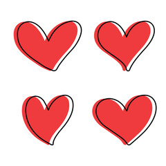 Vector Hand Drawn Red Heart With Outline Icon Set