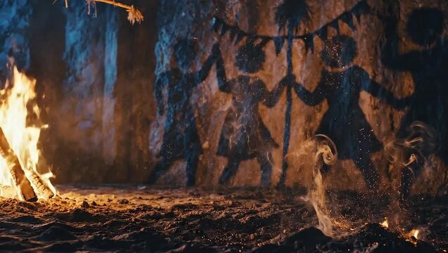 Children dancing around a bonfire at night.