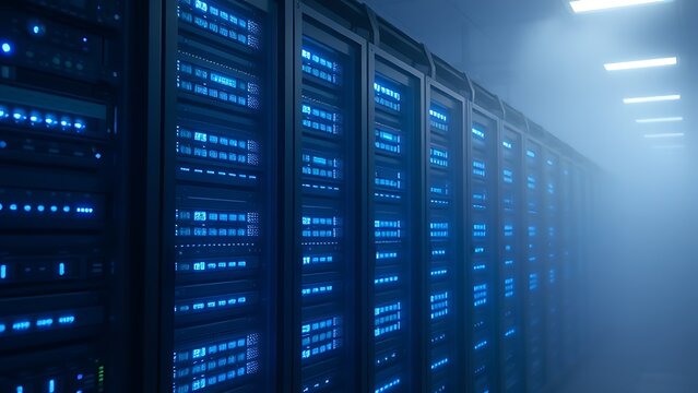 mainframe. Server racks illuminated by blue lights in a high-tech data center environment. product launch decks, UI/UX mockups, designed for data visualization dashboards and holographic UIs. - Powered by Adobe