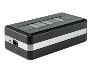 Black, rectangular device with buttons and metal accents