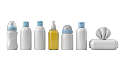 Collection of essential baby care products including bottles, lotions, oil, and wipes