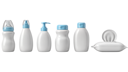 Collection of baby care products with blue accents