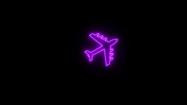 Glowing pink colour neon airplane icon looped animation on black background. Animated of neon plane icon animation. Flay icon concept, Travel on airplane location map.