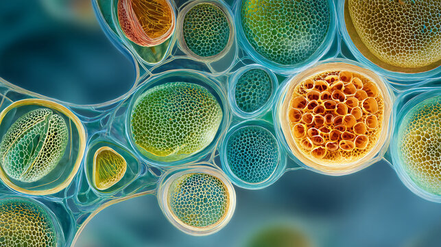 A microscopic view of various algae cells with different textures and colors under a microscope lens