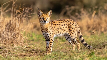 Obraz premium Alert Serval Cat Standing in African Grassland