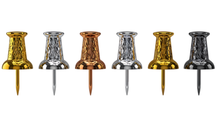Set of Realistic 3D Metallic Pushpins in Gold, Silver, and Copper