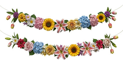 Colorful Floral Garlands with Assorted Flowers on Transparent Background