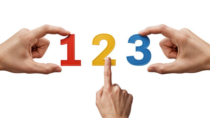 Hands holding and pointing at the numbers one, two, and three