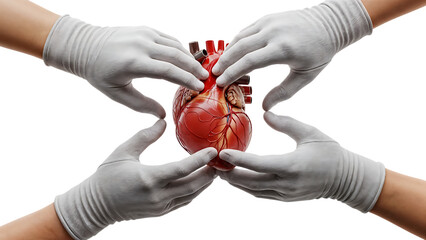 Hands in White Gloves Gently Holding a Human Heart Model