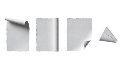 Set of White Curled and Folded Paper Elements on Transparent Background