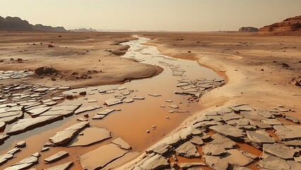 A desiccated Martian riverbed, constructed from shattered mirrors, mirroring the absence of water.Sci-fi exhibit backdrops, space exploration magazine layouts, water conservation campaign visuals.