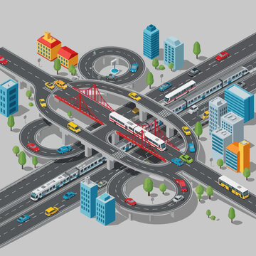 Isometric Highway Interchange with Vehicles and Trains.