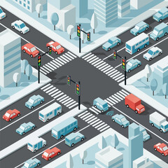 Fototapeta premium Isometric City Street Intersection with Traffic.
