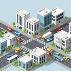 Isometric Cityscape with Buildings and Vehicles.