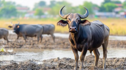 Water Buffalo Standing in Muddy Field