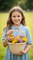 Portrait of a smiling young girl holding a wicker basket filled with colorful flowers in a green field with shallow depth of field.