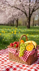 Picnic basket filled with fruits on a red and white checkered blanket in a park with blooming cherry blossoms and yellow flowers.