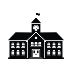 Classic School Building Icon with Clock Tower, Educational Institution Silhouette, Black and White Academic Architecture