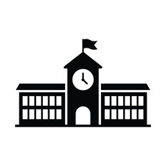 School Building Icon with Clock Tower and Flag, Education Institution Silhouette, Black and White Academic Architecture