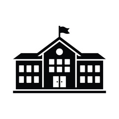 School Building Icon with Clock Tower and Flag, Education Campus Silhouette, Black and White Vector Illustration