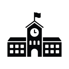 School Building Icon with Flag, Education Institution Silhouette, Black and White Flat Vector Illustration