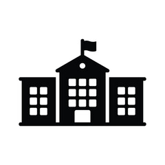 School Building Icon with Clock Tower and Flag, Education Campus Silhouette, Minimal Black and White Vector