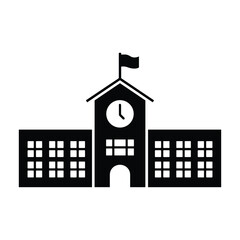 School Building Icon with Clock Tower and Flag, Education Institution Silhouette, Black and White Vector
