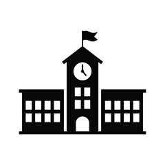 School Building Icon with Flag, Education Campus Silhouette, Minimal Black and White Vector Illustration