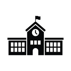 School Building Icon with Clock and Flag, Education Institution Symbol, Black and White Vector Illustration