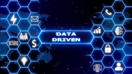 Obraz premium Glowing blue hexagonal grid with for data driven concepts, business growth, and technology on a dark map backdrop Keywords: data, driven, network, technology, digital, connection, global