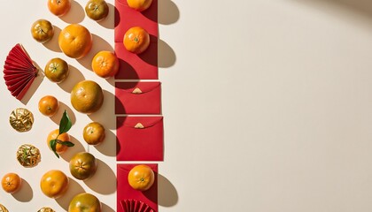 Assorted oranges and decorative fans arranged on a beige background with shadows